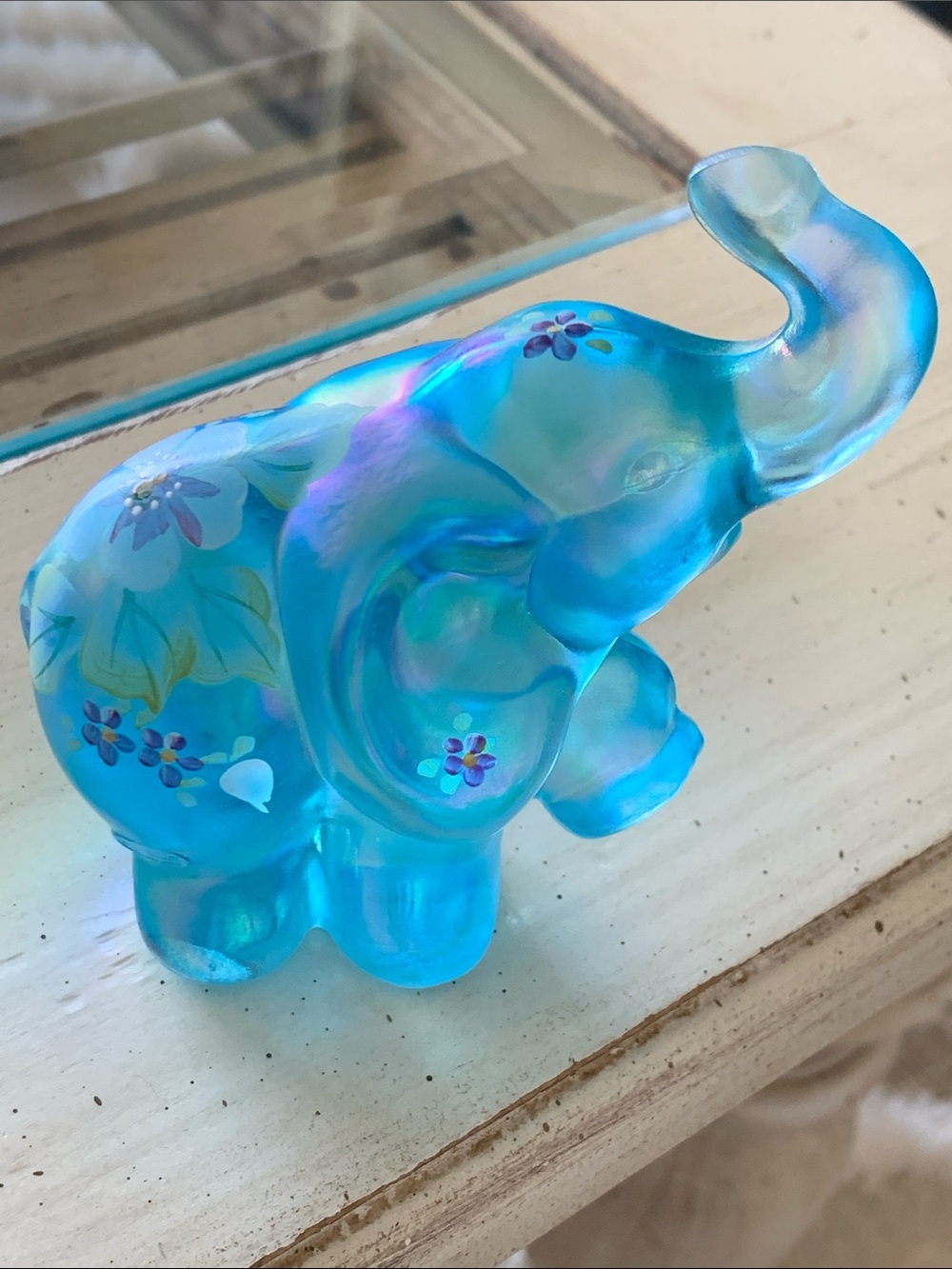 Fenton Art Glass Rare Ice Blue Elephant Figurine w/Floral Detail
